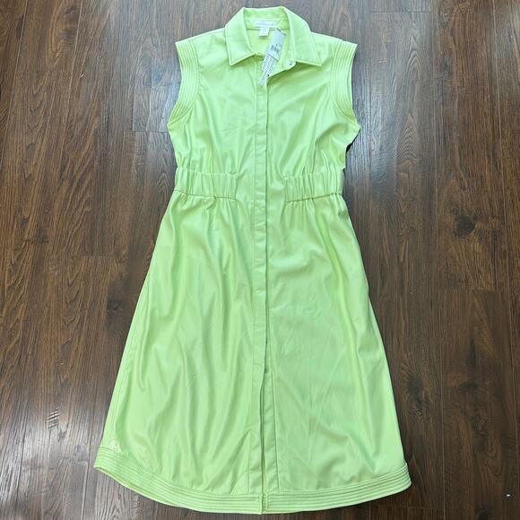 House of Harlow 1960 Shirt Dress Vegan Leather WMNS L Lime Green Utility Midi - Picture 2 of 13